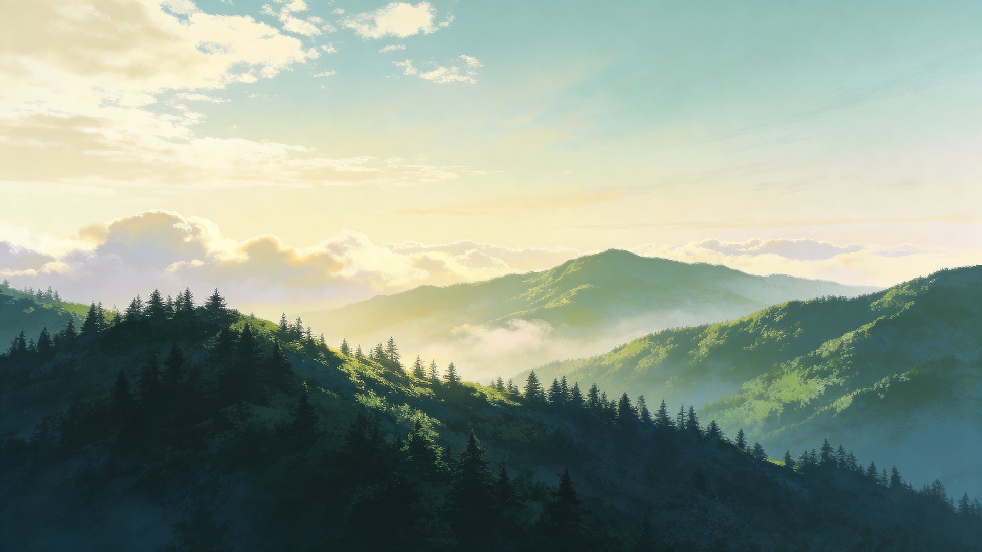 Cinematic soft-matte painting of an evergreen mountain ridge in morning light
