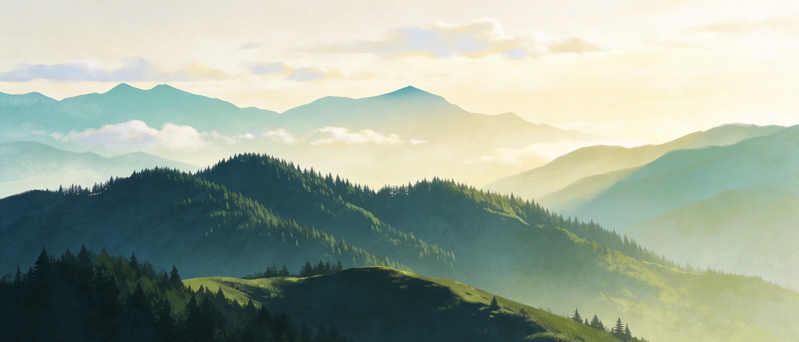 Soft-matte painting of layered evergreen ridges at morning